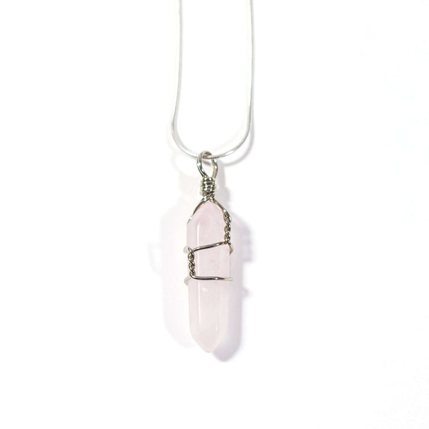 Head on view of Rose Quartz bullet pendant with stainless steel snake chain.