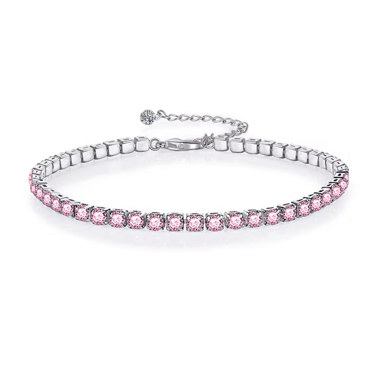 Women's Solid Sterling Silver Pink CZ Adjustable Tennis Bracelet