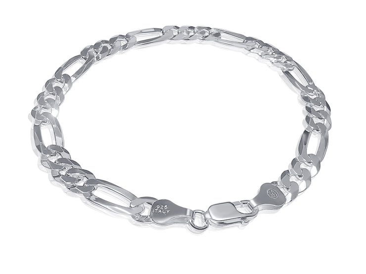925 Sterling Silver 6mm Figaro Chain Bracelet - 8"