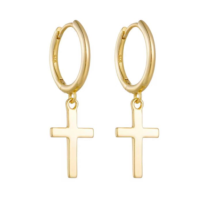 Plain 925 Sterling Silver Hoop Cross Earrings (Gold)