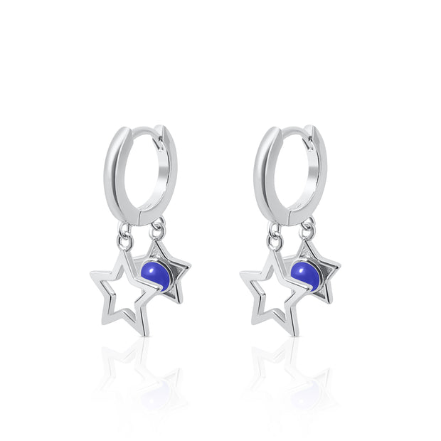 Sterling Silver Double Star Lapis Lazuli Hoop Earrings