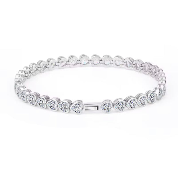Solid Sterling Silver CZ Heart Tennis Bracelet