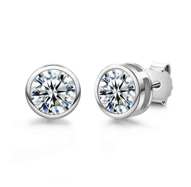 Round Bezel Brilliant Cut Sterling Silver CZ Stud Unisex Earrings ~ 7mm ~