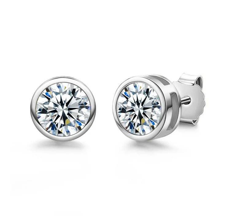 Round Bezel Brilliant Cut Sterling Silver CZ Stud Unisex Earrings ~ 6mm ~