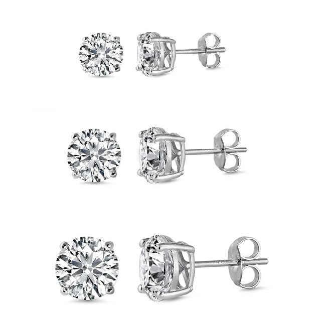 Set of Round Brilliant Cut Sterling Silver CZ Stud Unisex Earrings ~ 4mm 6mm & 8mm
