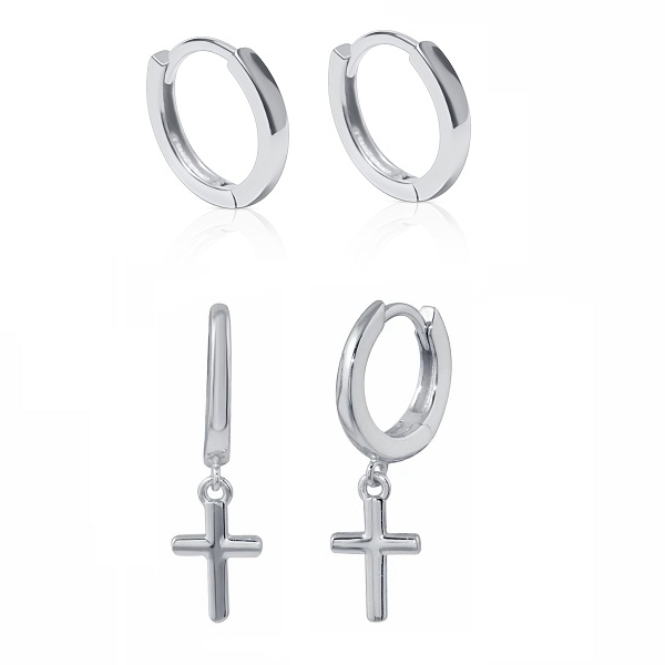 Set of 925 Sterling Silver Plain Huggie & Cross Hoop Earrings