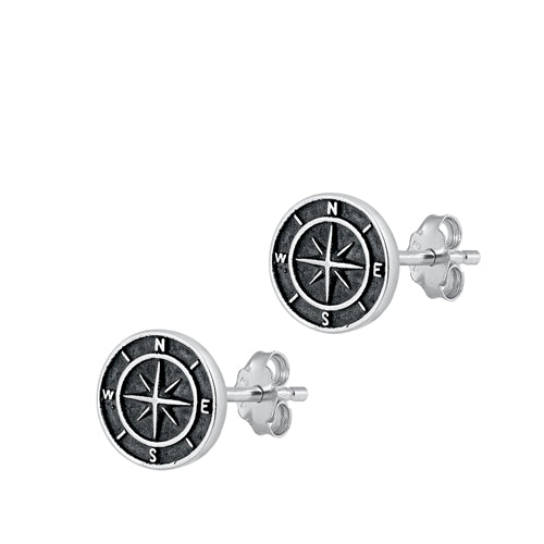 oxidised sterling silver round compass stud earrings