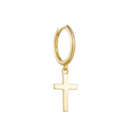 Single Plain 925 Sterling Silver Hoop Cross Earring (Gold)
