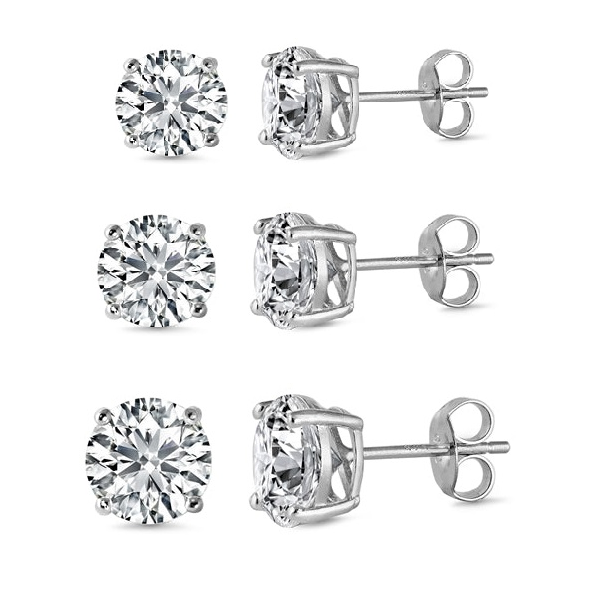 Set of Round Brilliant Cut Sterling Silver CZ Stud Unisex Earrings ~ 6mm 7mm & 8mm