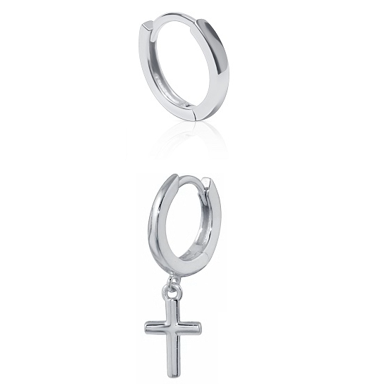 Set of Single 925 Sterling Silver Plain Huggie & Cross Hoop Earrings