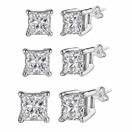 Set of Square Cut Sterling Silver CZ Stud Unisex Earrings ~ 5mm 6mm & 7mm