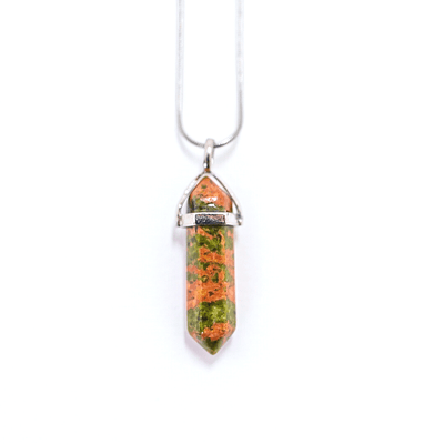 Vision Bullet Point natural crystal Unakite pendant with stainless steel silver tone snake chain.