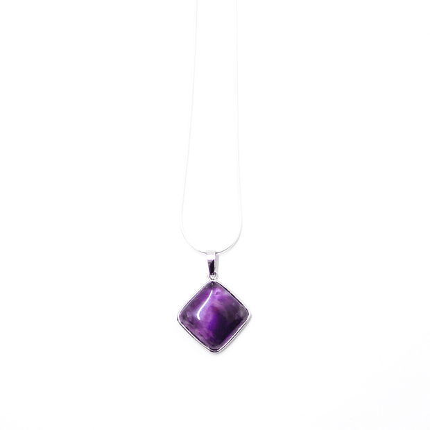 Natural Amethyst crystal prism pendant with stainless steel silver tone snake chain.
