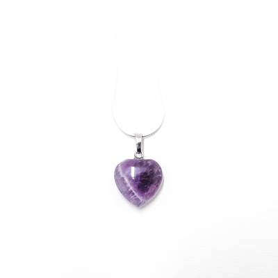 Head on view of Amethyst Love Heart pendant with stainless steel snake chain.