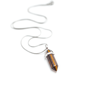 Head on view of Golden Natural Tiger's Eye crystal with stainless steel snake chain.
