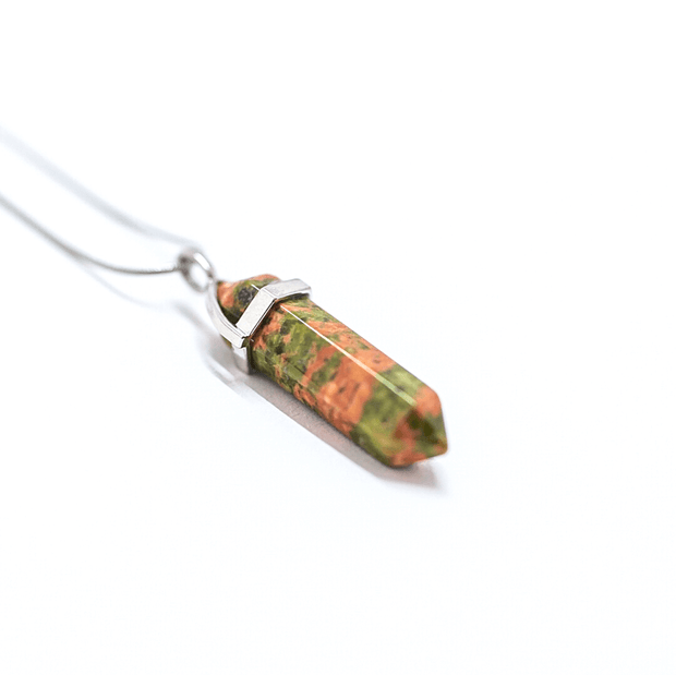 Side view of Vision crystal Unakite bullet point pendant.