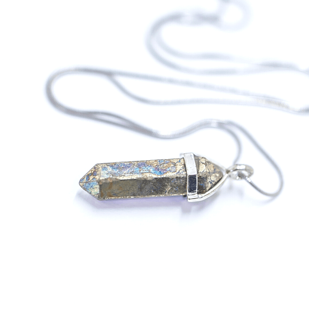 Side view of protective pyrite crystal pendant necklace with high quality silver tone stainless steel snake chain.