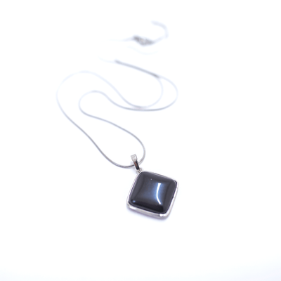 Head on view of Black Agate crystal prism pendant with high quality stainless steel snake chain.