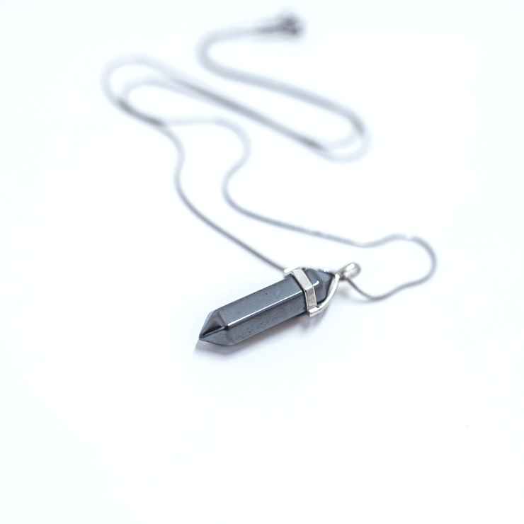 Stainless steel snake chain with silver grey bullet point Hematite natural crystal.