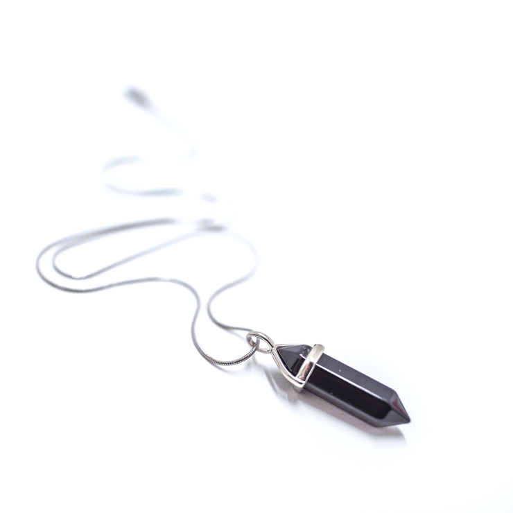 Black obsidian bullet point natural crystal pendant with stainless steel snake chain