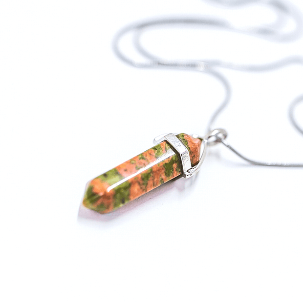 Orange with Dark green flecks natural crystal Unakite necklace with bullet point pendant and high quality chain.