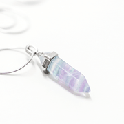 Fluorite crystal pendant with stainless steel snake chain side  view