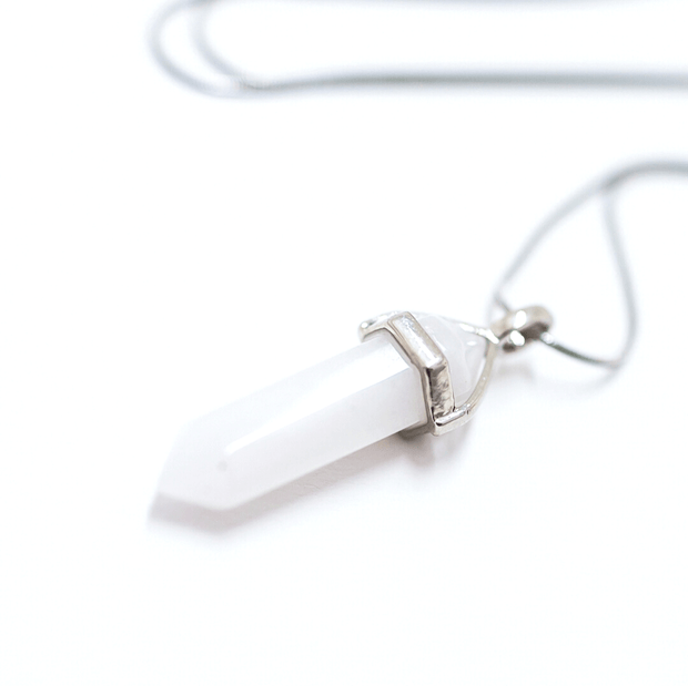 White Soothing and Calm Jade natural crystal bullet point pendant with high quality stainless steel chain.