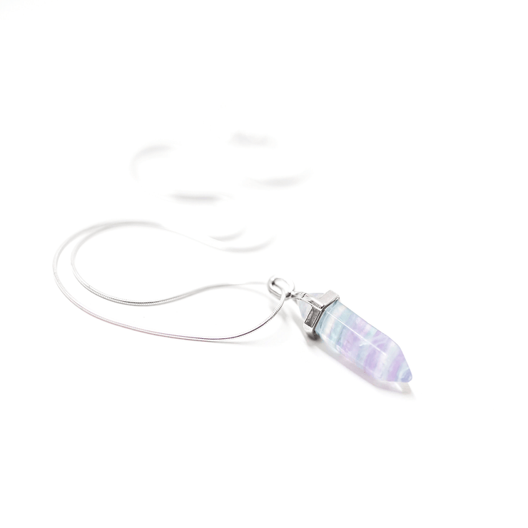 stainless steel snake chain with fluorite purple blue and clear natural crystal  pendant.