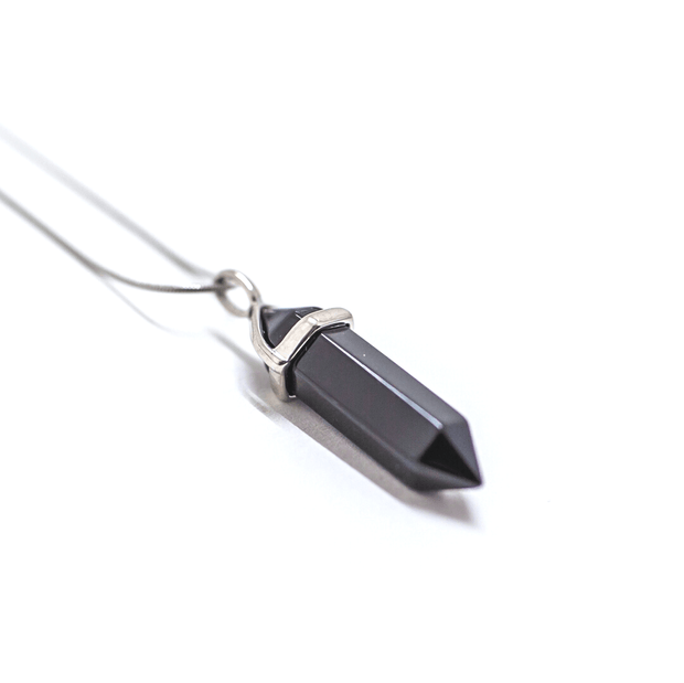 Side view of the anti negativity meaning point Black obsidian bullet crystal pendant