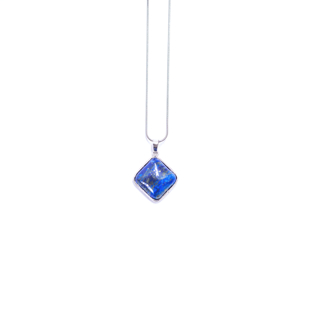 Head on view of Blue Lapis Lazuli prism pendant with high quality stainless steel snake chain.