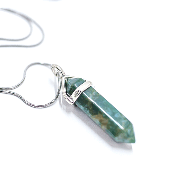 Green with hints of brown Indian Agate crystal pendant with stainless steel chain making necklace