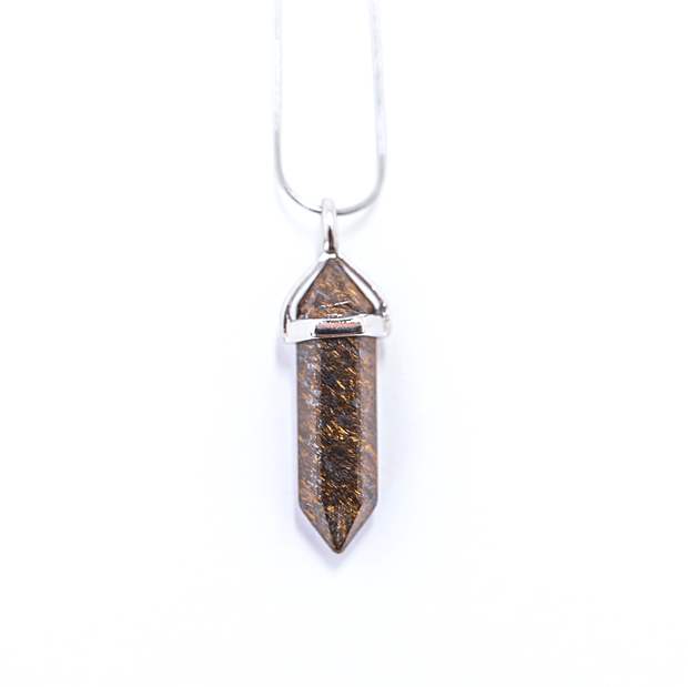 Clarity and Focus Bullet point Bronzite natural crystal pendant with high quality stainless steel snake chain.