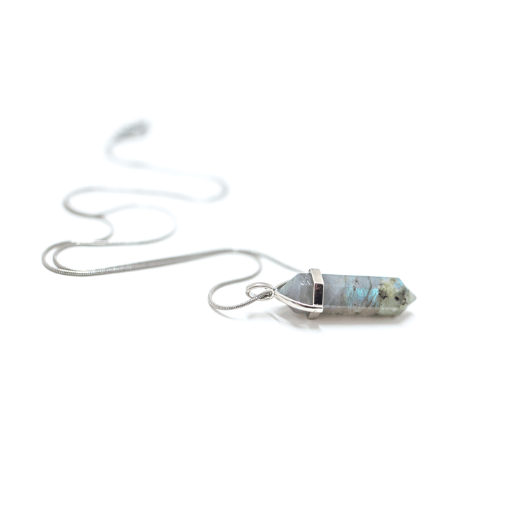 Side view of Labradorite crystal bullet point pendant