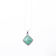 Head on view of all round healing stone Green Aventurine Natural crystal prism pendant with quality stainless steel snake chain.