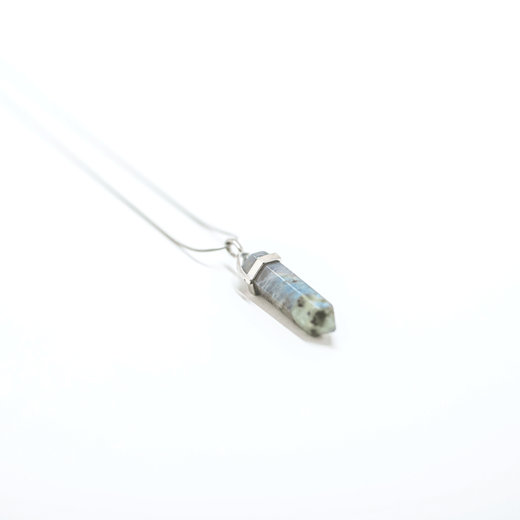 Blue and green crystal Labradorite pendant and Stainless Steel snake chain.