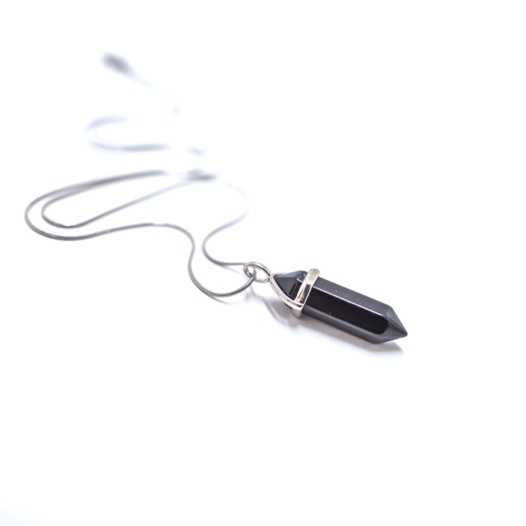 side view of black obsidian natural crystal point pendant with high quality stainless steel chain