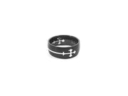 Head view of Black 316L Stainless steel men's band ring with silver tone cross.