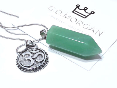 Natural crystal Aventurine Bullet Pendant with sterling silver OM symbol charm & stainless steel snake chain.