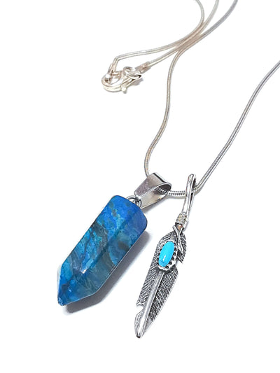 Natural Blue Agate crystal bullet pendant with sterling silver feather charm finished with a turquoise gemstone.