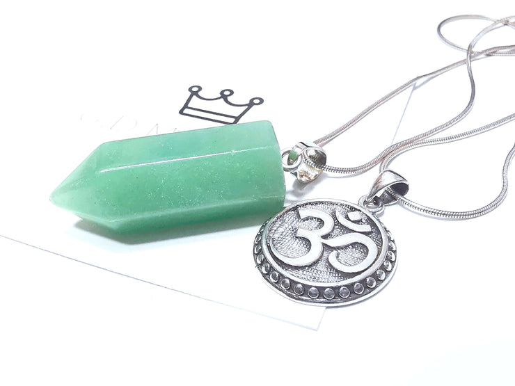 Natural Gemstone Aventurine Bullet point Pendant with sterling silver OM symbol charm & stainless steel silver tone snake chain.