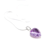 Side view of Amethyst Love Heart pendant Necklace with stainless steel silver tone snake chain.