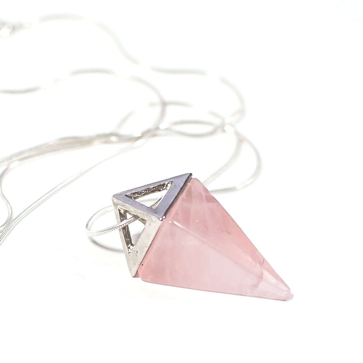 Close up of Pink Love crystal Rose Quartz pyramid with high quality stainless steel snake chain.