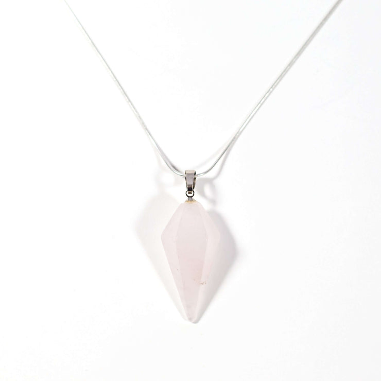 Natural rose quartz crystal oval necklace.