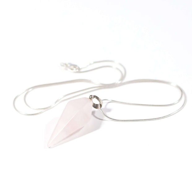 Full view of Rose quartz love oval pendulum necklace with high quality snake chain.
