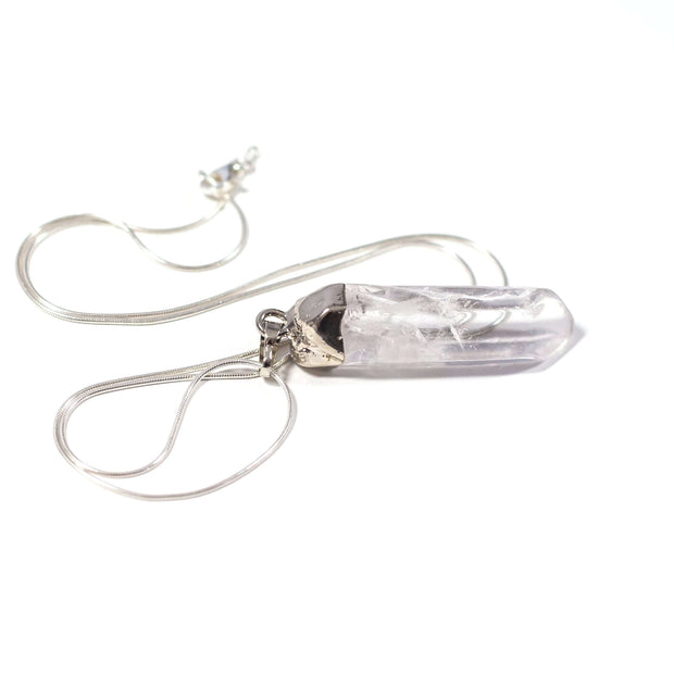 Side view of Healing natural crystal Large clear Quartz point pendant with quality stainless steel snake chain.
