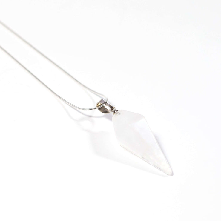 Clear Quartz oval pendulum pendant with stainless steel snake chain.
