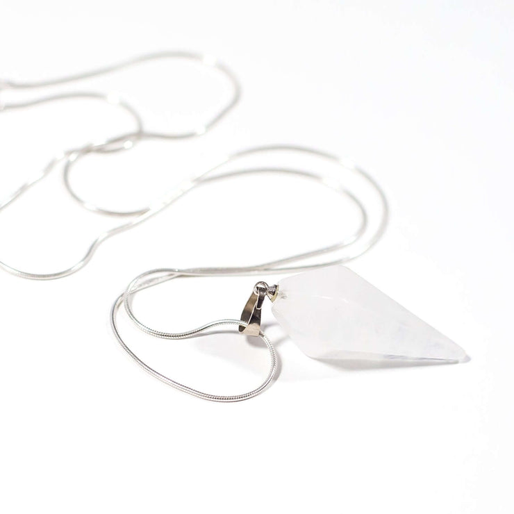 Clear Quartz pendulum crystal necklace with silver tone stainless steel snake chain.