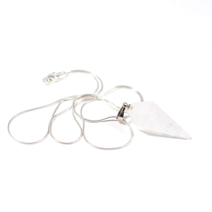 Healing crystal clear quartz pendulum point pendant with high quality stainless steel snake chain.