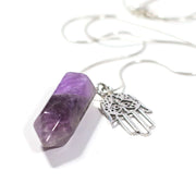 Amethyst natural crystal bullet and Sterling silver filigree design Hamsa Hand necklace charm complete with stainless steel snake chain.