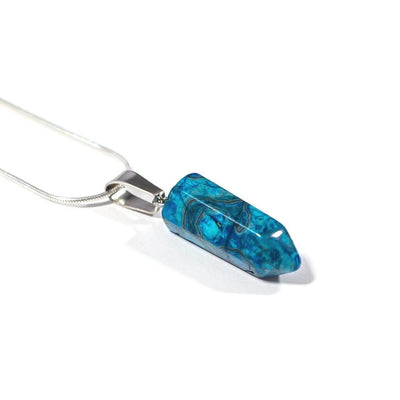 Close up shot of Blue Agate calm natural crystal bullet with high quality Stainless steel snake chain.